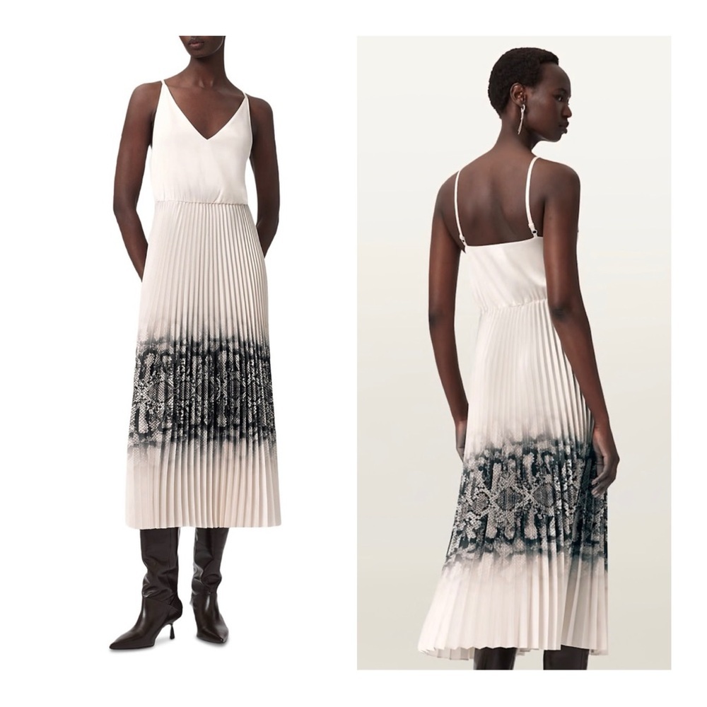 AllSaints Ivory Pleated V‑Neck Midi Dress with Black Snake Print